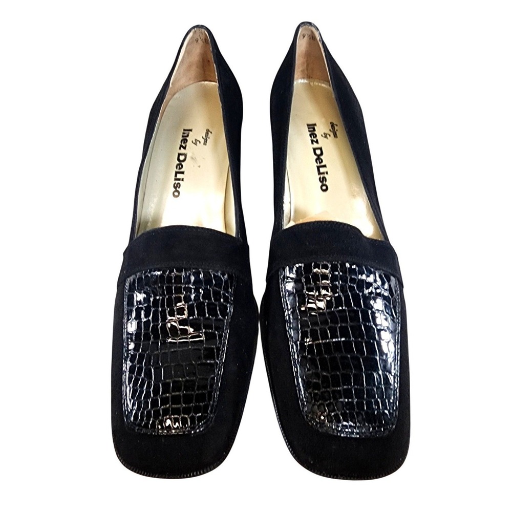 Vintage Inez DeLiso Black Suede Faux Croc Block Heel Pumps Spain‎ Womens 9.5B